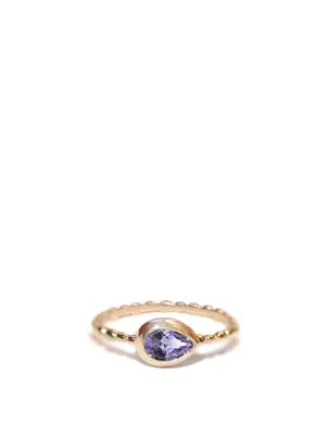 Dew Drop 14K Gold Pear Ring With Amethyst