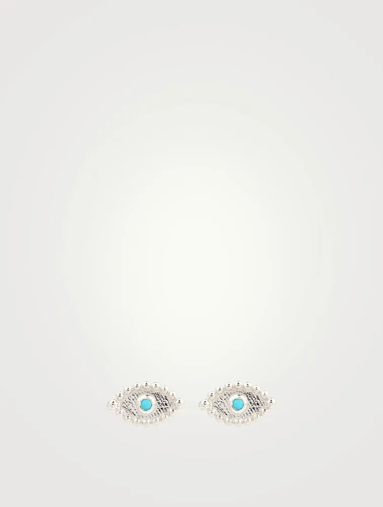 Dew Drop Sterling Silver Evil Eye Stud Earrings With Sleeping Beauty Turquoise