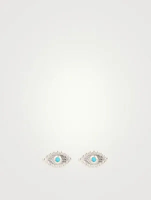 Dew Drop Sterling Silver Evil Eye Stud Earrings With Sleeping Beauty Turquoise