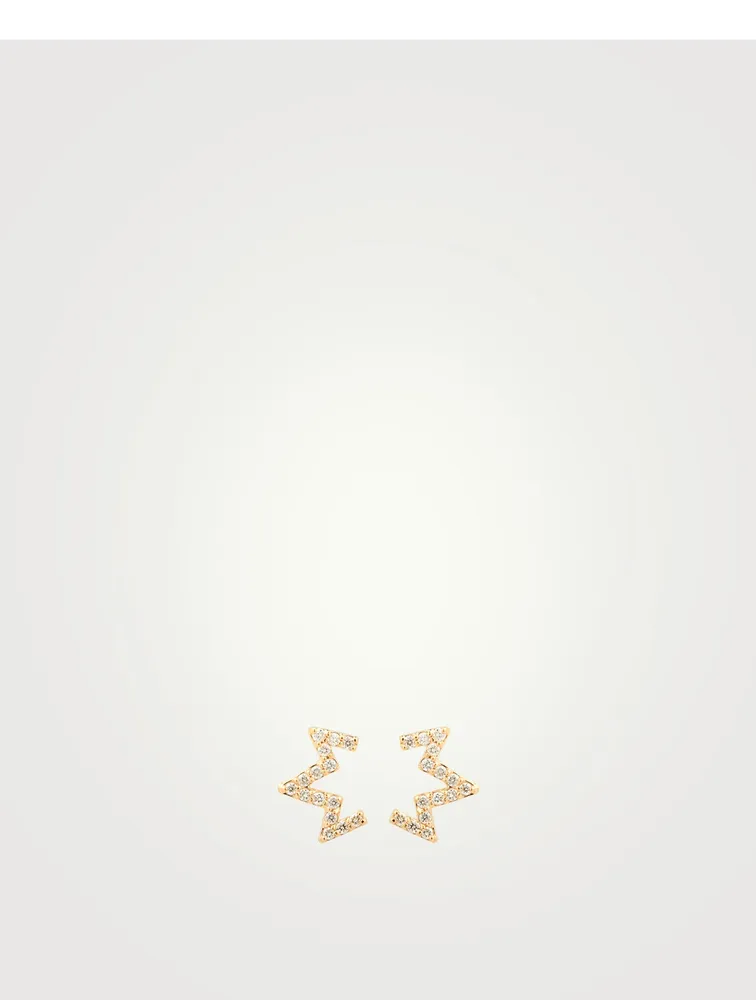 Aztec 14K Gold Starburst Zig Zag Stud Earrings With Diamonds