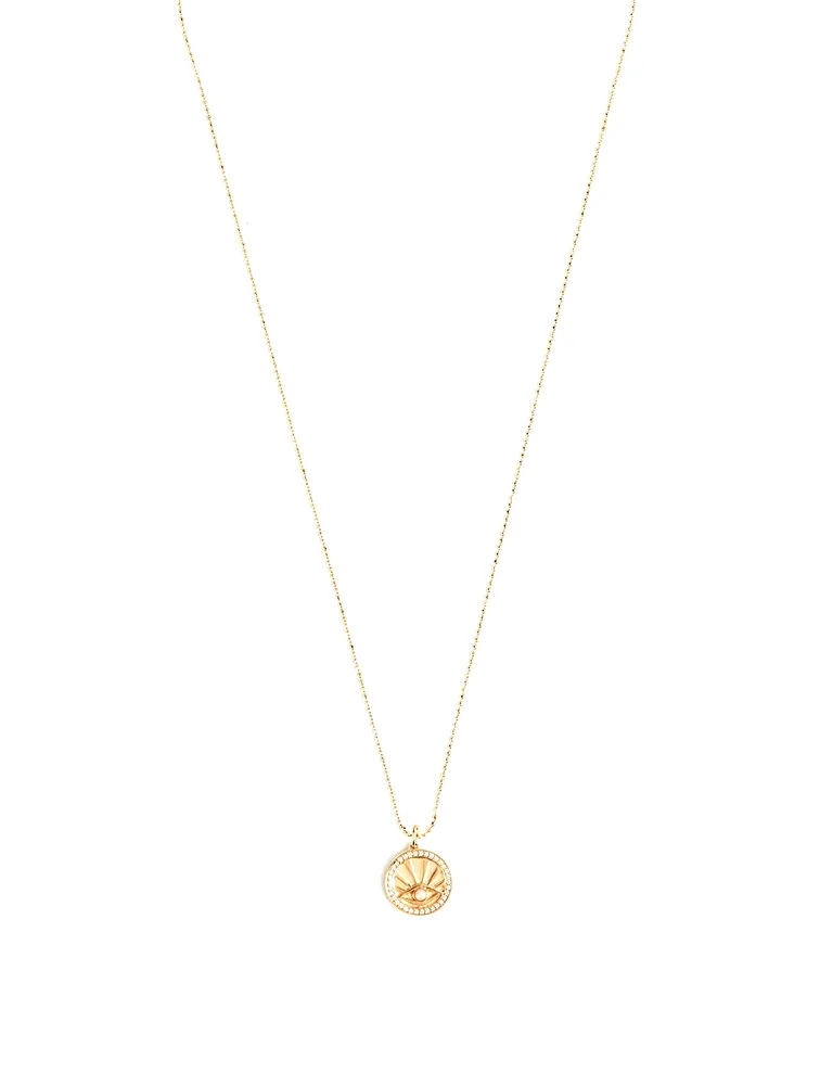 14K Gold Pearl Evil Eye Ray Coin Charm Necklace