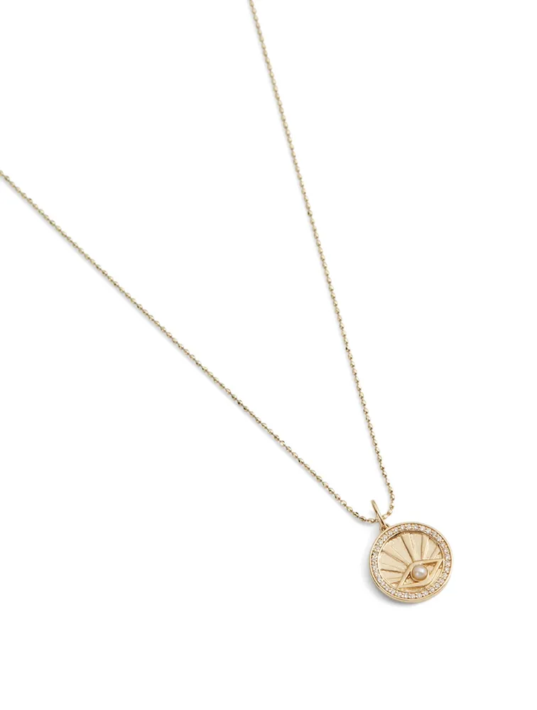 14K Gold Pearl Evil Eye Ray Coin Charm Necklace