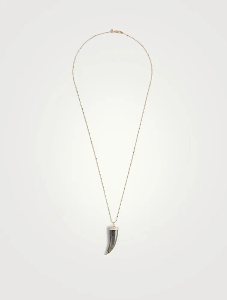 14K Gold Large Labradorite Horn Necklace With Diamonds