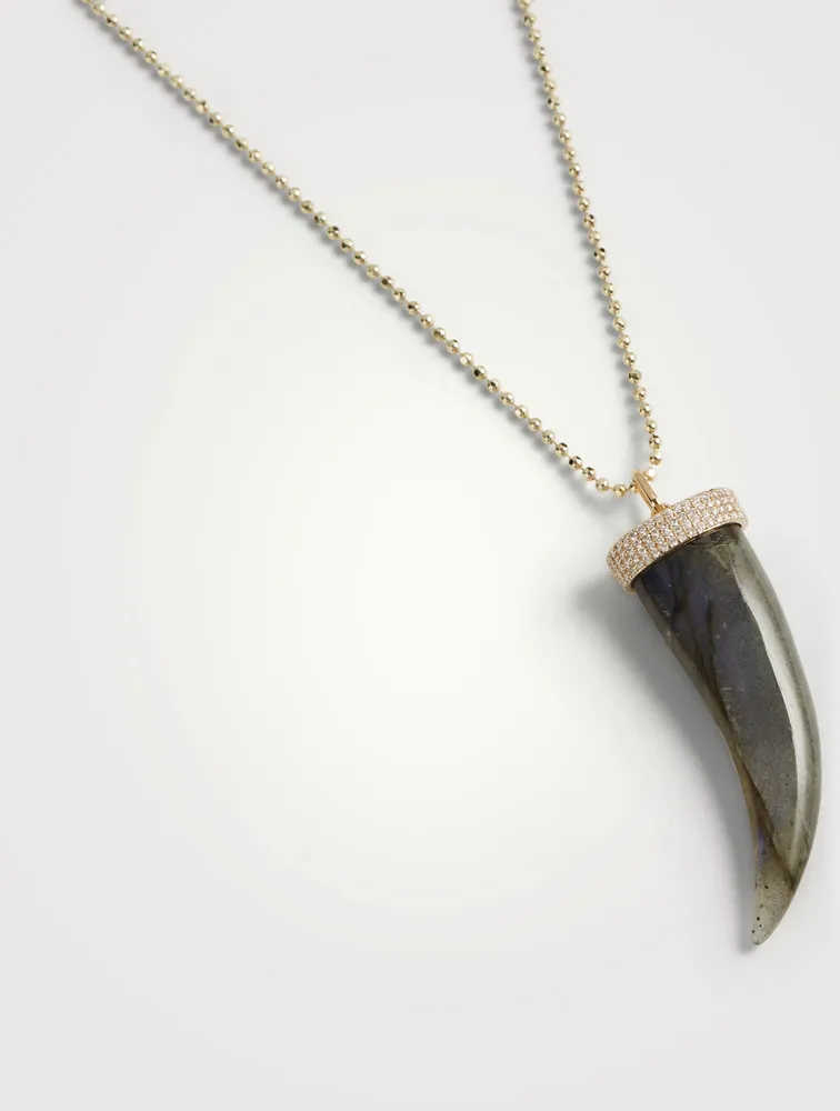 14K Gold Large Labradorite Horn Necklace With Diamonds