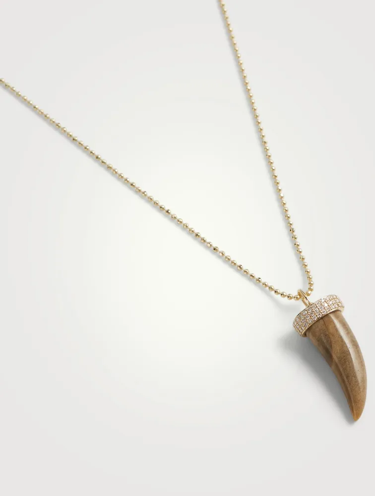 14K Gold Medium Wood Horn Necklace With Diamonds