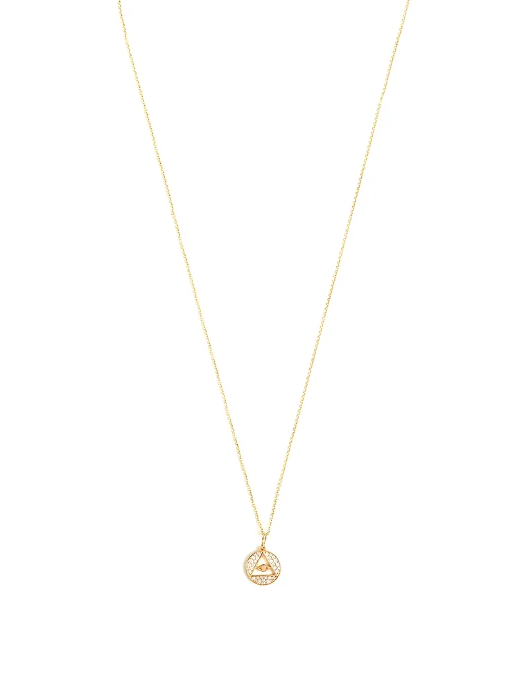 14K Gold Pyramid Evil Eye Medallion Necklace With Diamonds