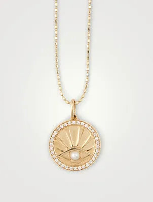 14K Gold Evil Eye With Rays Coin Charm Necklace With Diamonds And Pearl