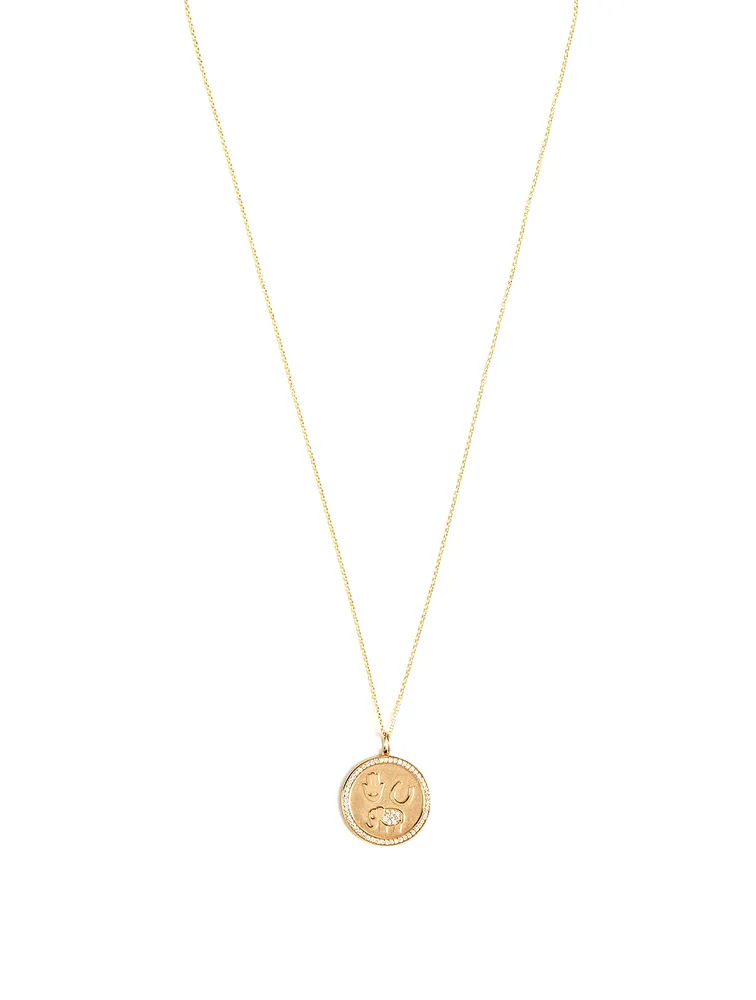 14K Gold Luck And Protection Coin Charm Necklace With Diamonds