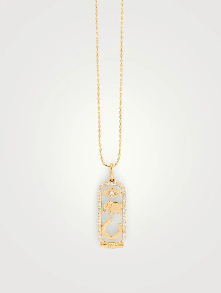 14K Gold Luck And Protection Cartouche Charm Necklace With Diamonds