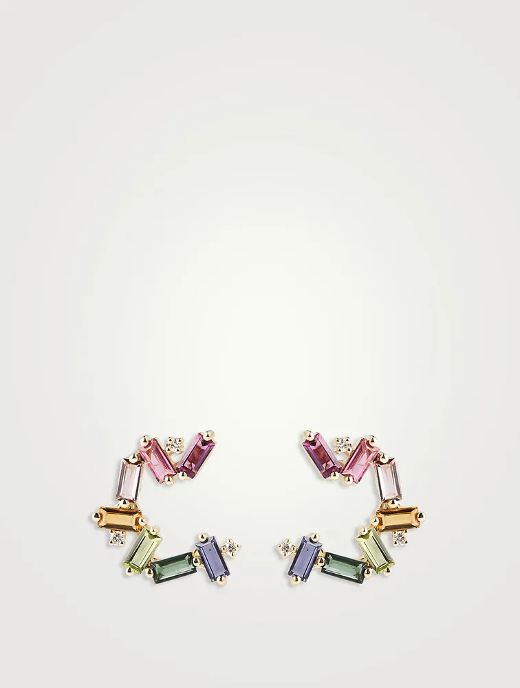 Amalfi 14K Gold Burst Rainbow Sideways Mini Hoop Earrings With Diamonds