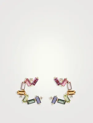 Amalfi 14K Gold Burst Rainbow Sideways Mini Hoop Earrings With Diamonds