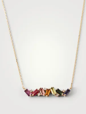 Frenesia 14K Gold Bar Necklace With Rainbow Gemstones And Diamonds