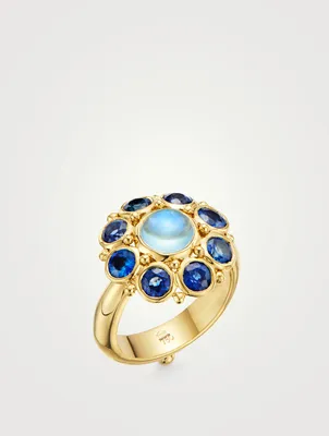 18K Gold Stella Ring With Blue Sapphire And Blue Moonstoone