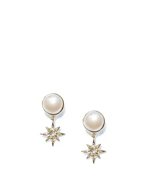 Aztec 14K Gold Floating Micro Starburst Pearl Earrings With Topaz And Diamonds