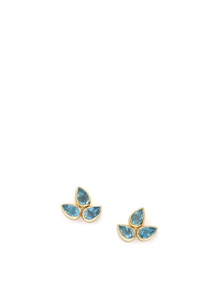 Bouquet 14K Gold Fleur de Lis Stud Earrings With Swiss Blue Topaz