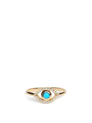 Classique 14K Gold Evil Eye Ring With Sleeping Beauty Turquoise And Diamonds