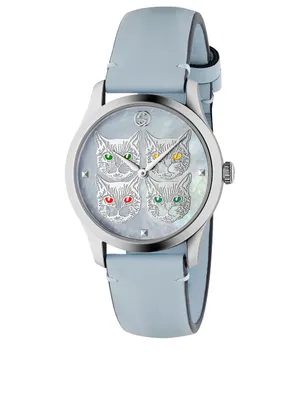 G-Timeless Leather Strap Watch With Mother Of Pearl