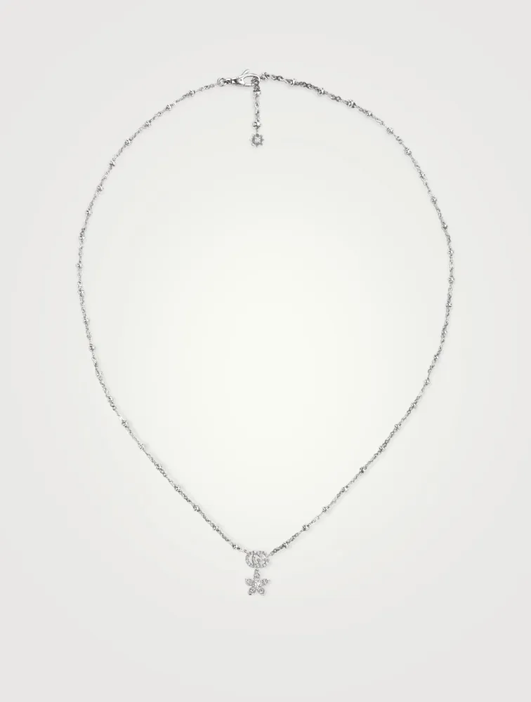 Flower And Double G 18K White Gold Necklace With Diamonds