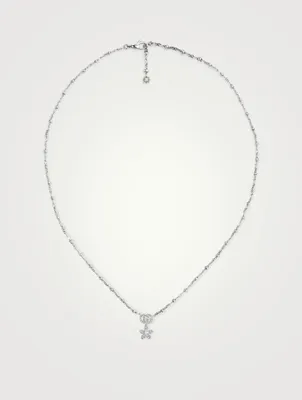 Flower And Double G 18K White Gold Necklace With Diamonds