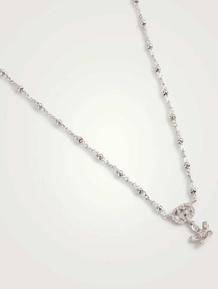 Flower And Double G 18K White Gold Necklace With Diamonds