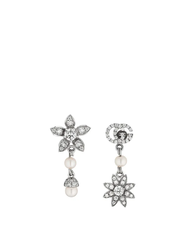 Flower And Double G 18K White Gold Earrings With Pearls And Diamonds