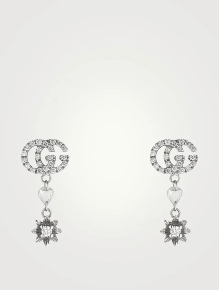 Flower And Double G 18K White Gold Earrings With Diamonds