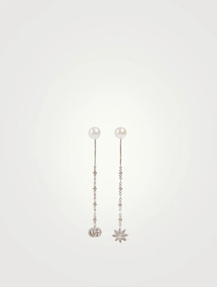 Flower And Double G 18K White Gold Earrings With Diamonds