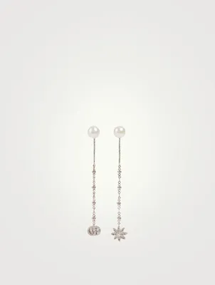 Flower And Double G 18K White Gold Earrings With Diamonds
