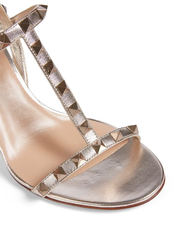 Rockstud Metallic Leather T-Strap Heeled Sandals