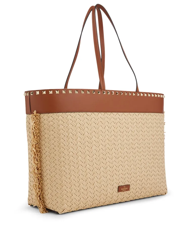 Rockstud Raffia And Leather Tote Bag