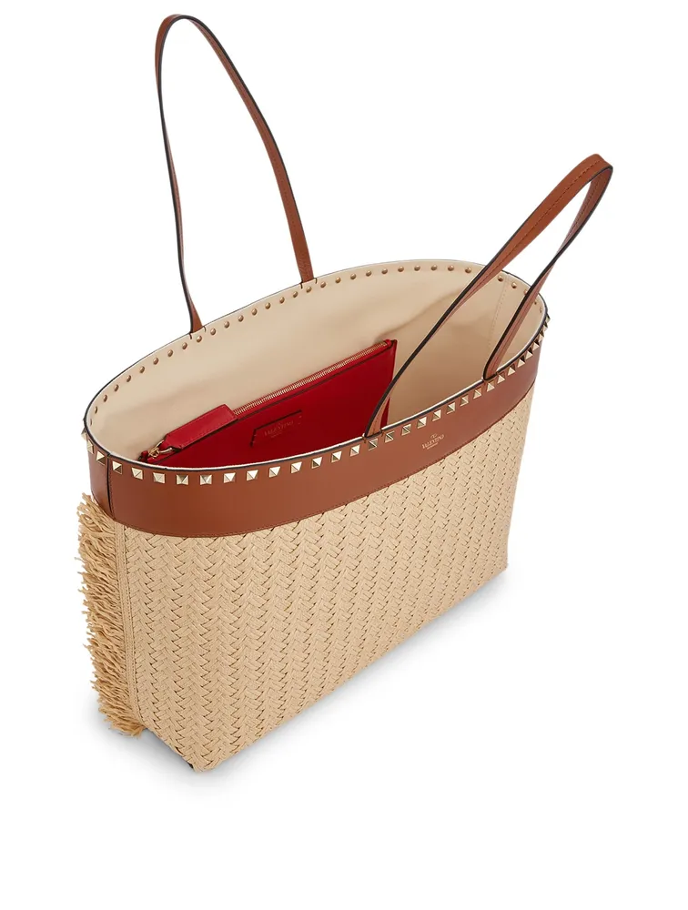 Rockstud Raffia And Leather Tote Bag