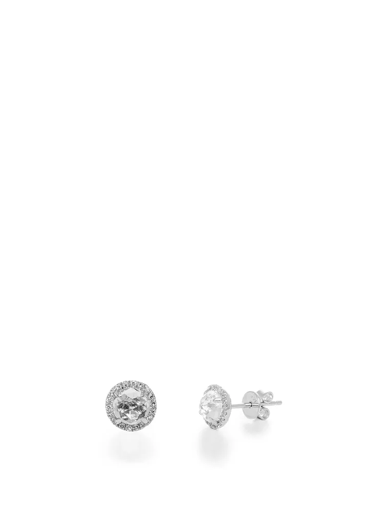 14K White Gold Stud Earrings With Topaz And Diamonds