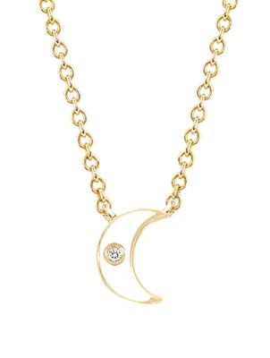 14K Gold Enamel Moon Necklace With Diamond