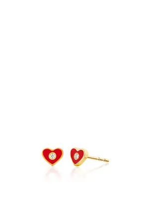 14K Gold Enamel Heart Stud Earrings With Diamonds