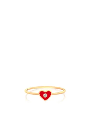 14K Gold Enamel Heart Ring With Diamond