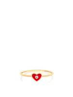 14K Gold Enamel Heart Ring With Diamond