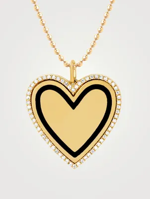 14K Gold Enamel Heart Necklace With Diamonds