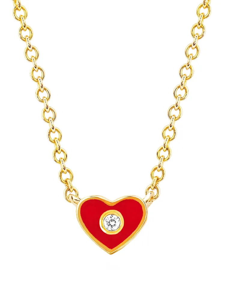 14K Gold Enamel Heart Necklace With Diamond