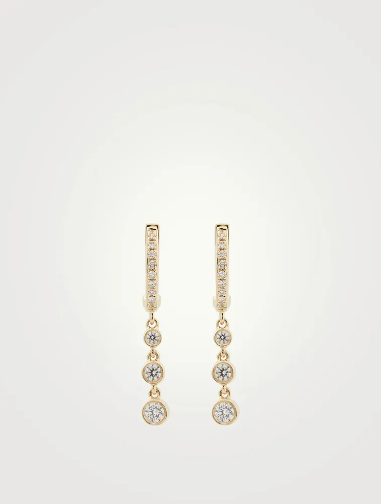 14K Gold Huggie Triple Bezel Drop Earrings With Diamonds