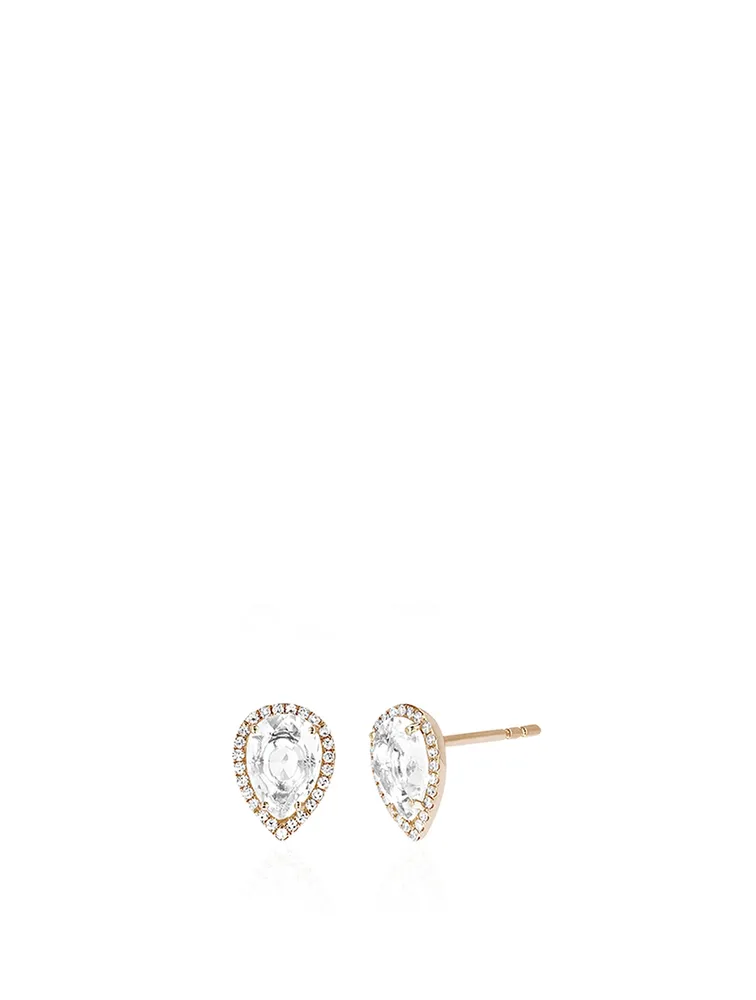 14K Gold Teardrop Stud Earrings With White Topaz And Diamonds