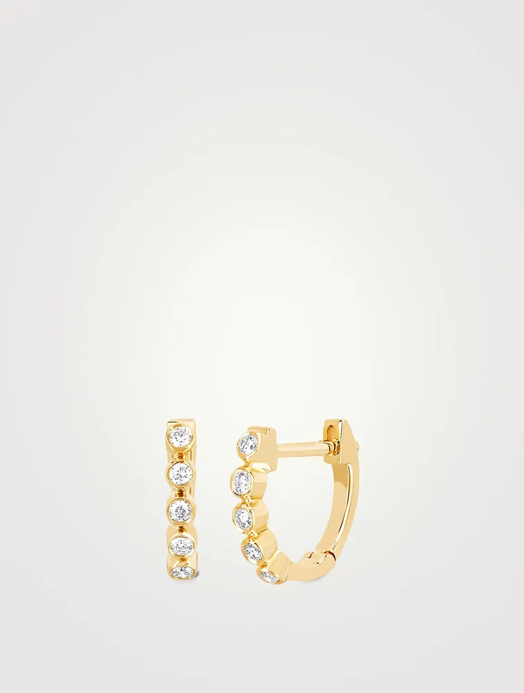 Mini 14K Gold Bezel Huggie Hoop Earrings With Diamonds