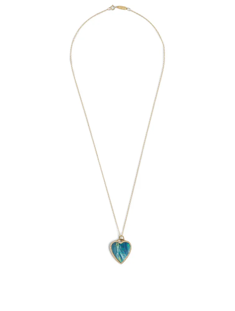 Gold Opal Inlay Heart Necklace With Diamonds