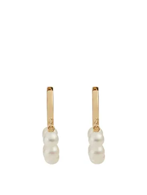 14K Gold Pearl Drop Huggie Hoop Earrings