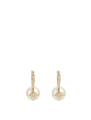 14K Gold Starburst Pearl Earrings With Diamonds