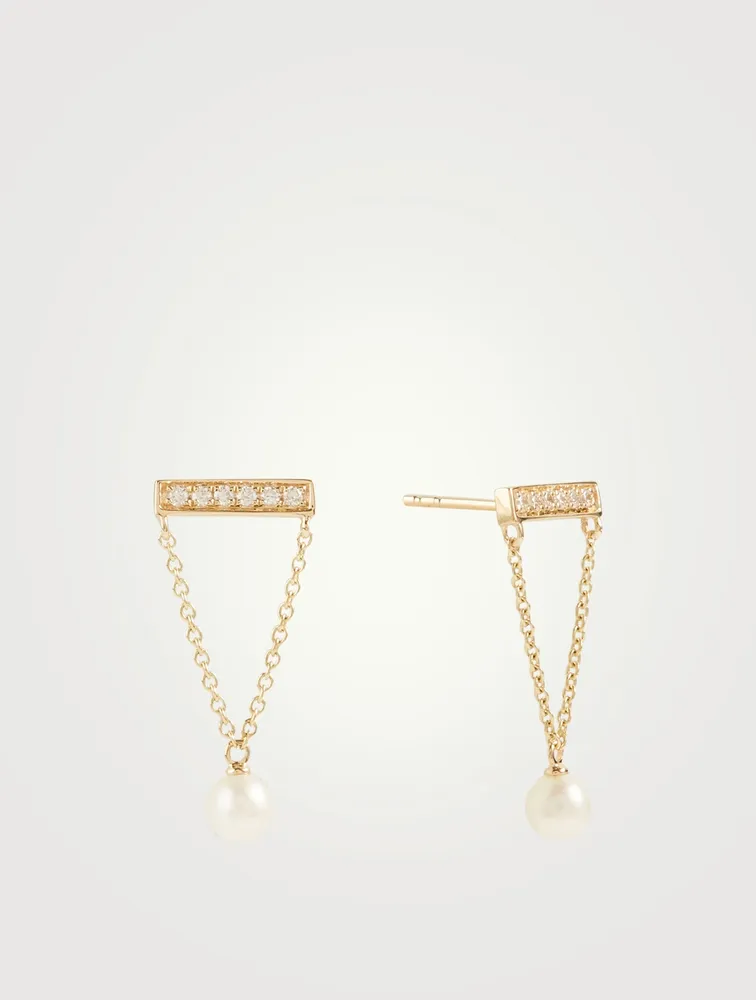 14K Gold Bar Stud Earrings With Pearls And Diamonds