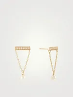 14K Gold Bar Stud Earrings With Pearls And Diamonds