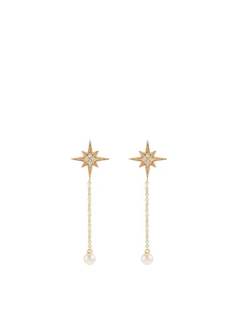 14K Gold Starburst Pearl Drop Earrings With Diamonds