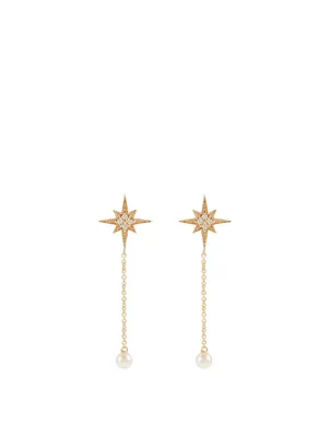 14K Gold Starburst Pearl Drop Earrings With Diamonds