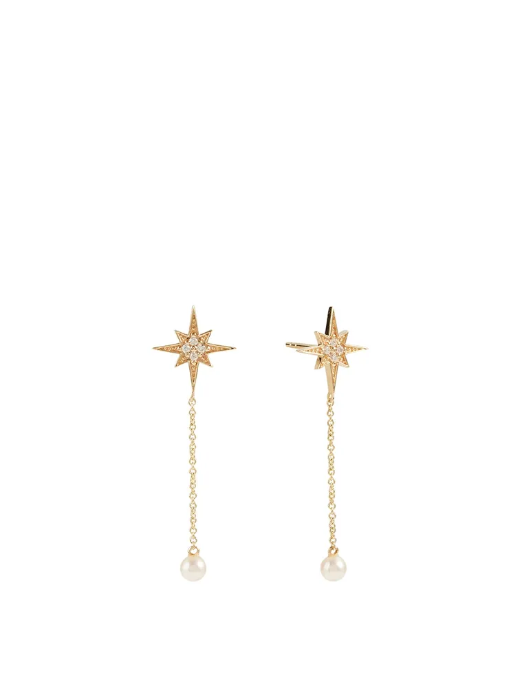 14K Gold Starburst Pearl Drop Earrings With Diamonds