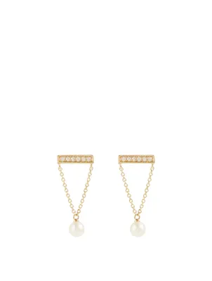 14K Gold Bar Earrings With Pearls And Diamonds